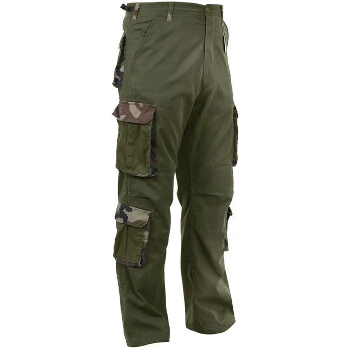 Olive Drab - Military Vintage Fatigue Pants with Woodland Camouflage Army Rigid Accent