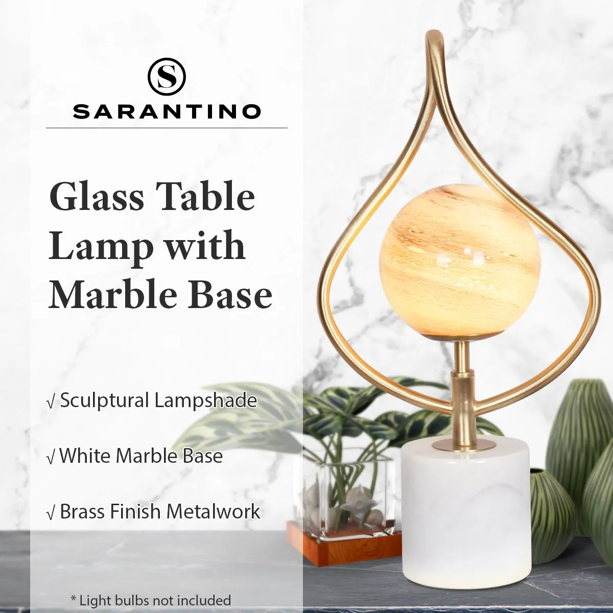 Orange Glass Table Lamp, Marble Base, Brass Accents - Sarantino