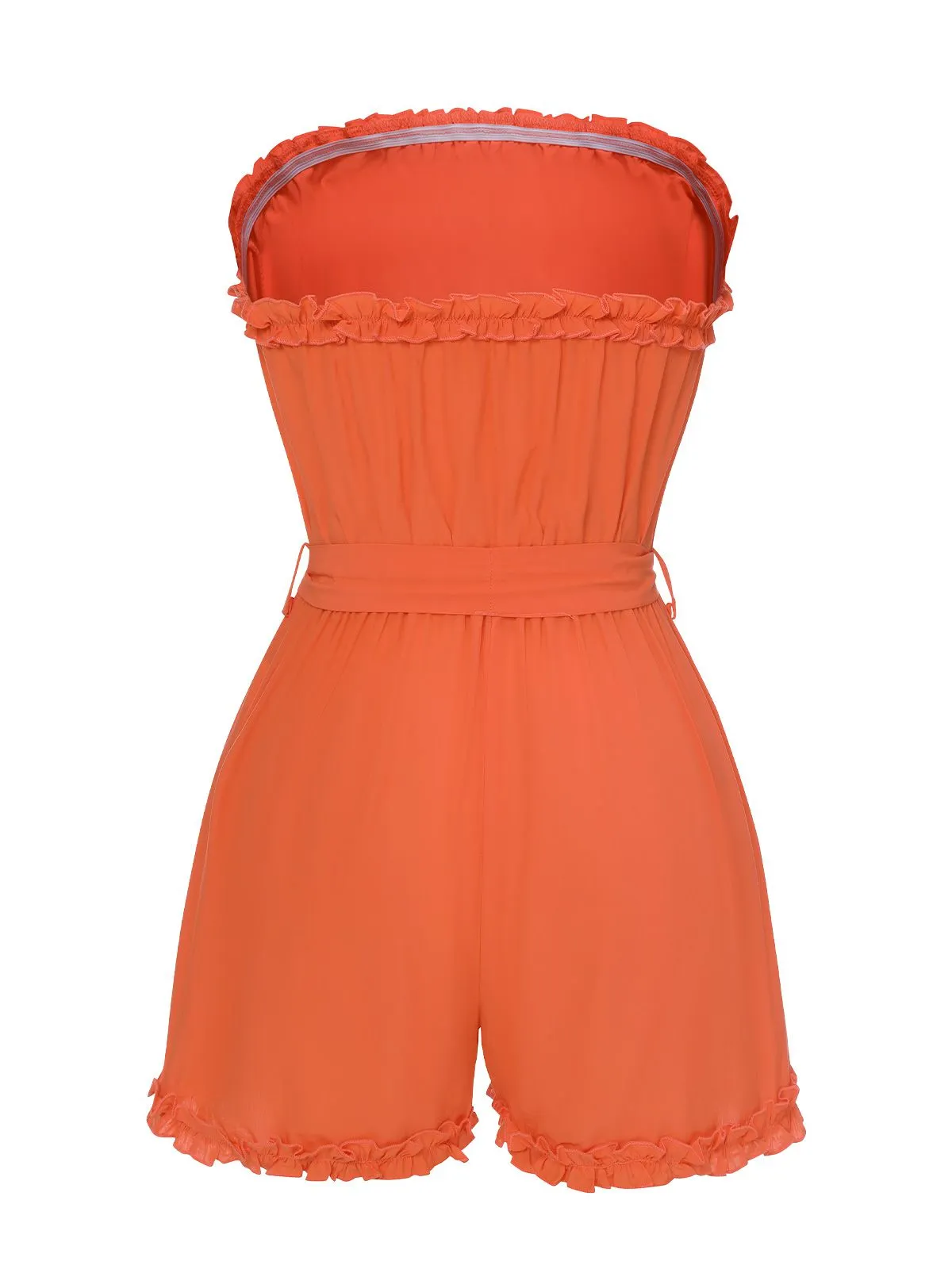 Orange Red 1950s Solid Belt Bandeau Romper