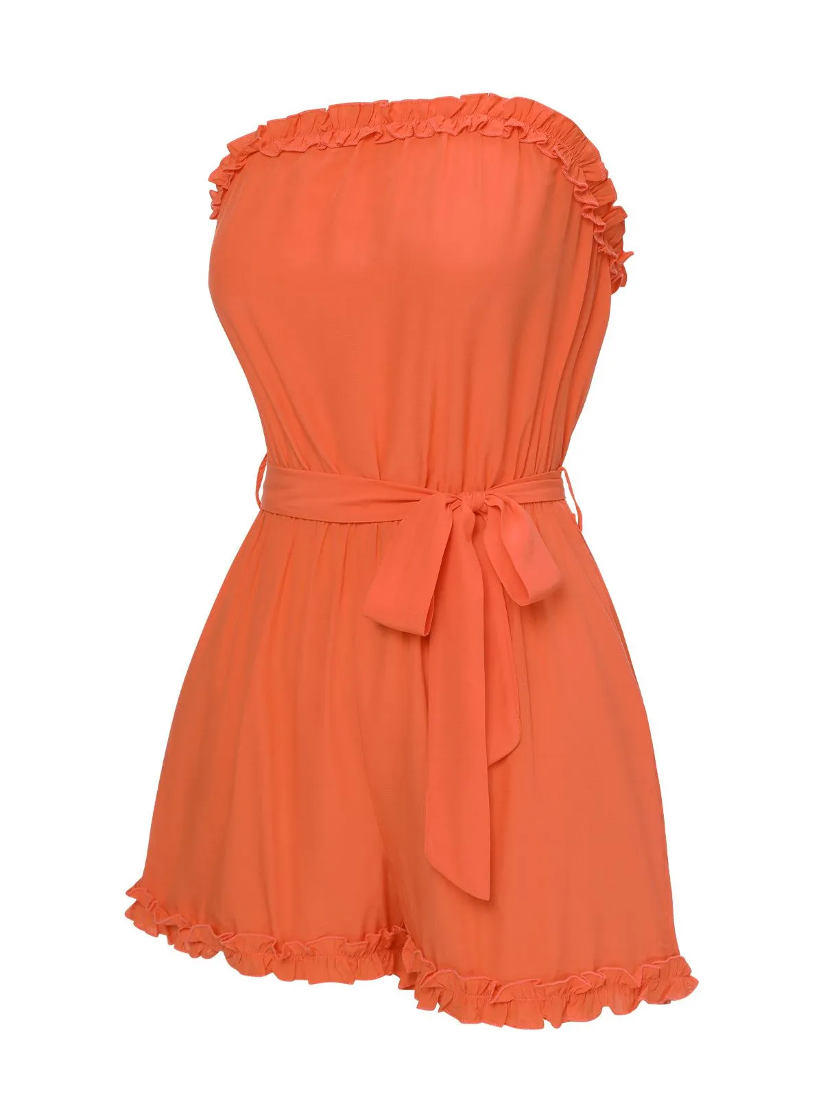 Orange Red 1950s Solid Belt Bandeau Romper