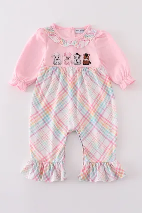 Pink farm animals embroidery girl romper