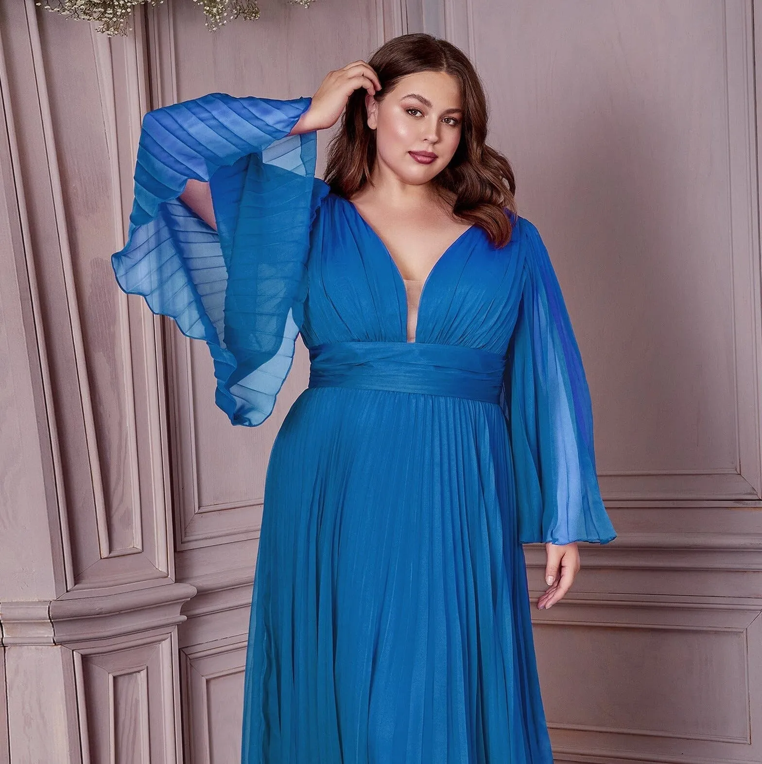 Pleated Bell Sleeve Tea Length Dress by Ladivine CD242S