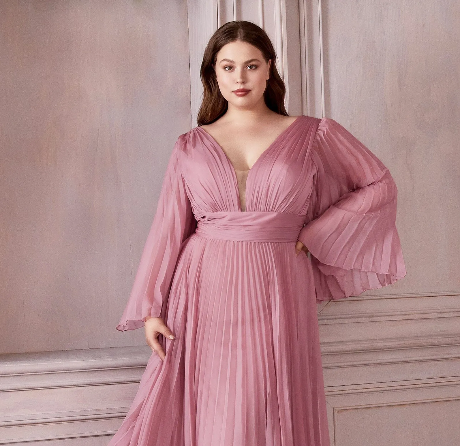 Pleated Bell Sleeve Tea Length Dress by Ladivine CD242S