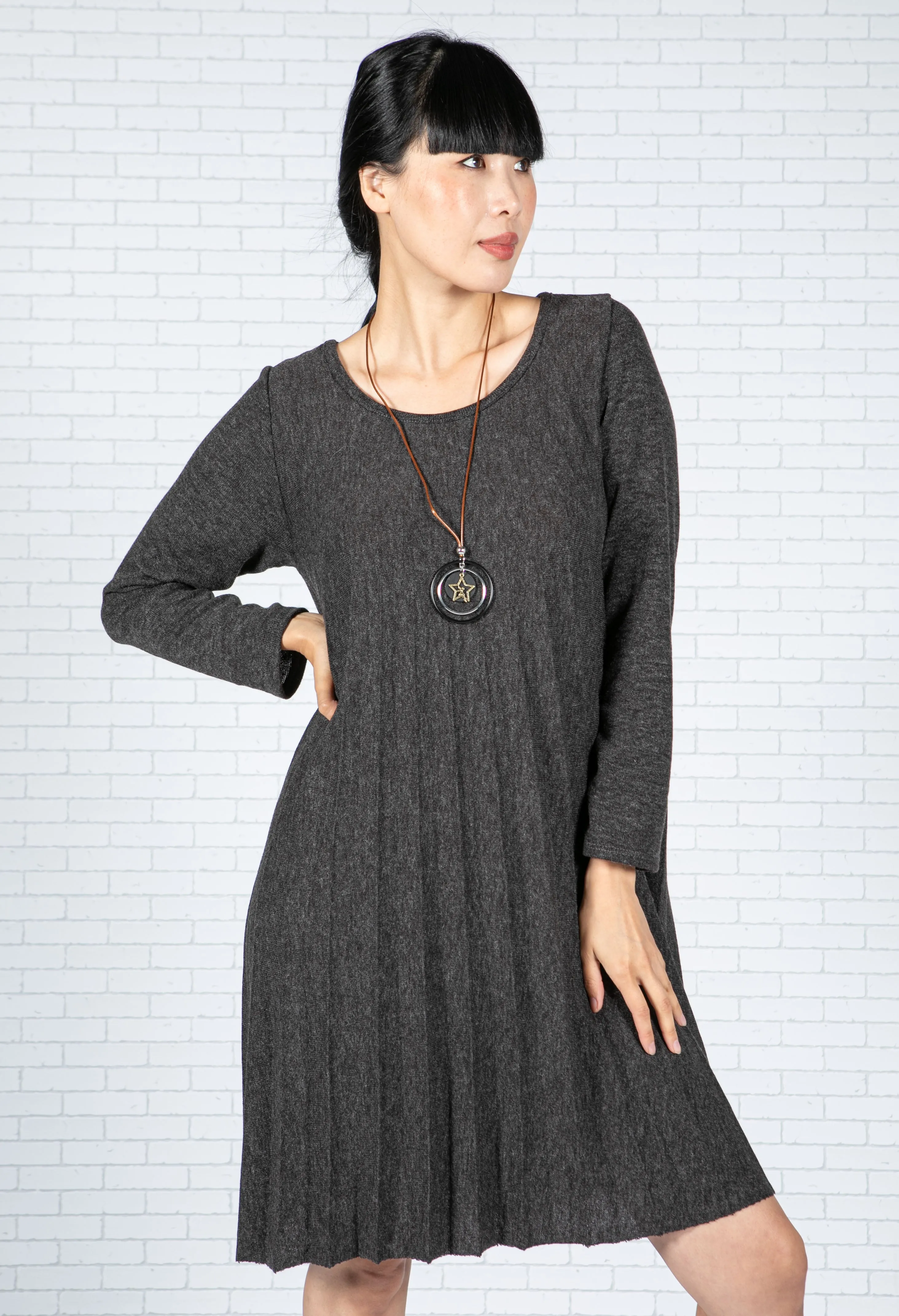 Pleated Knit Dress in Charcoal