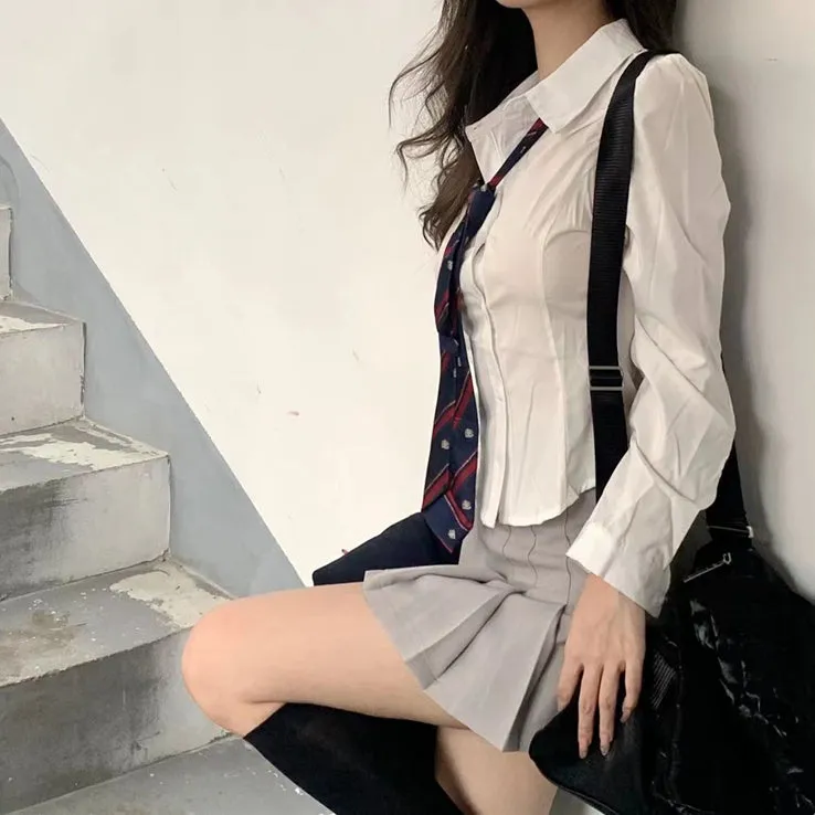 Pleated Skirt Shirt Long Sleeve Top Tie Set