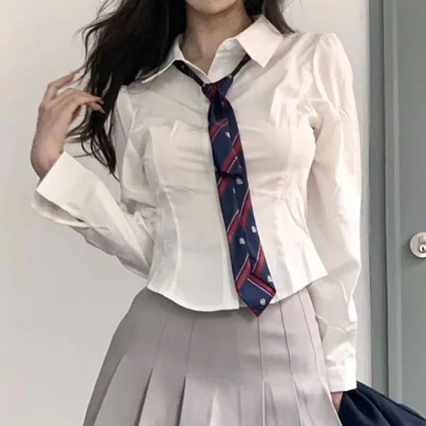 Pleated Skirt Shirt Long Sleeve Top Tie Set