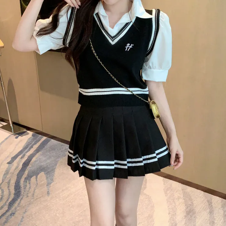 Polo Collar Top T-Shirt Striped Pleated Skirt