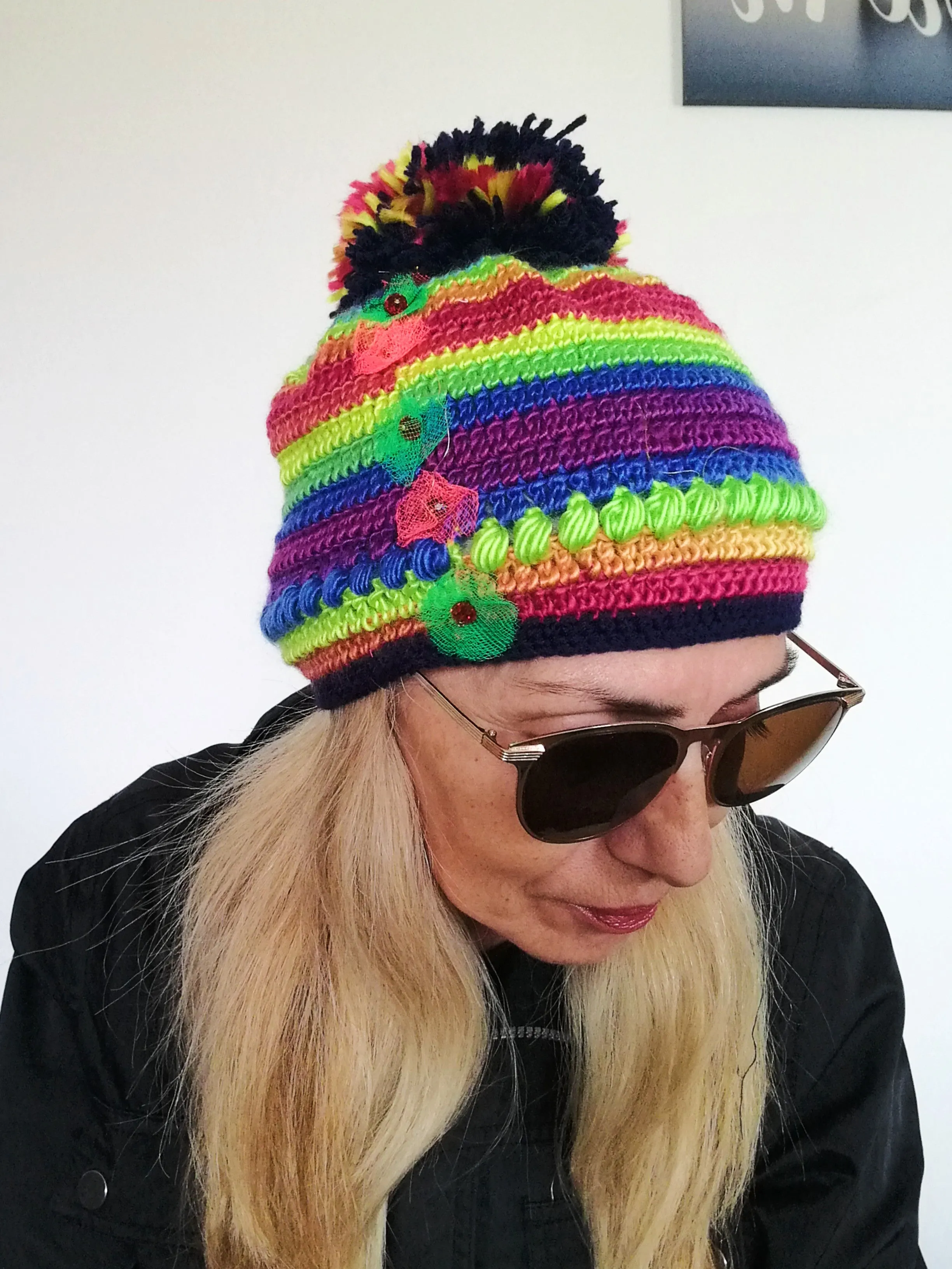 Pom Pom Knit Wool Beanie for Women Handmade Colourful Warm Hat