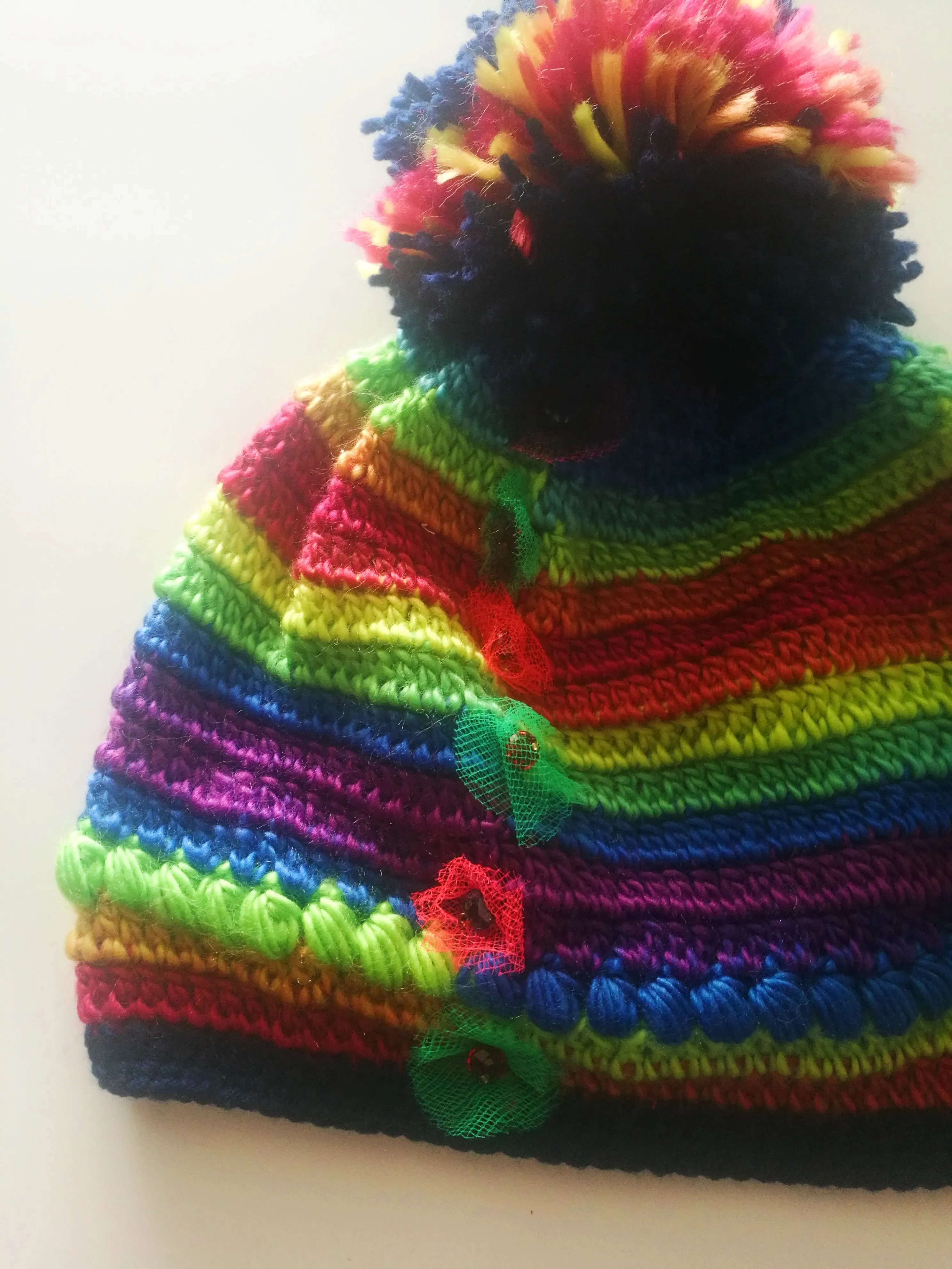 Pom Pom Knit Wool Beanie for Women Handmade Colourful Warm Hat