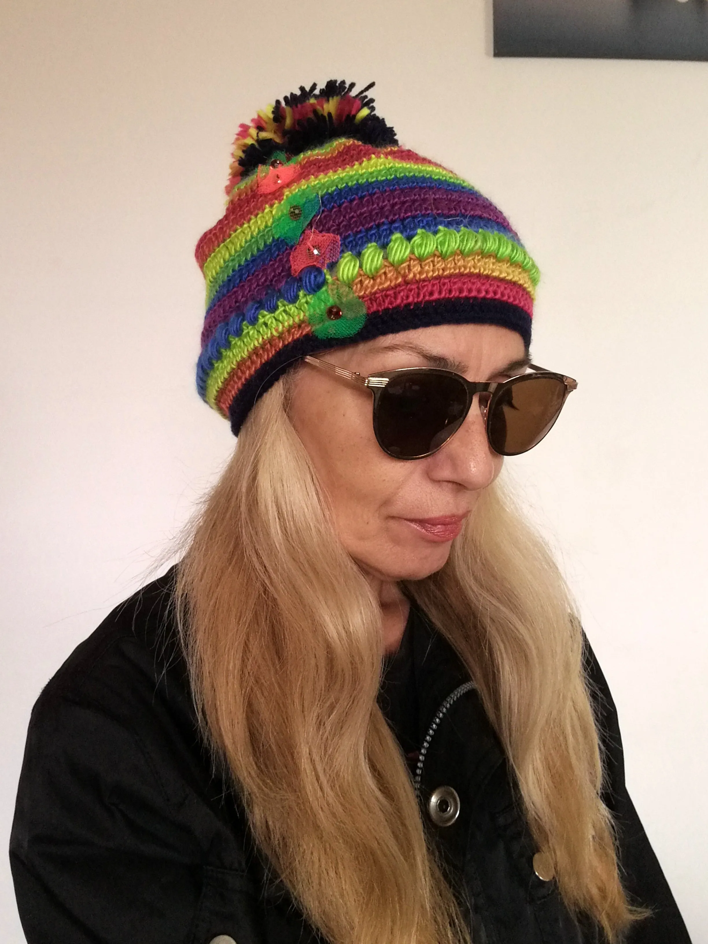 Pom Pom Knit Wool Beanie for Women Handmade Colourful Warm Hat