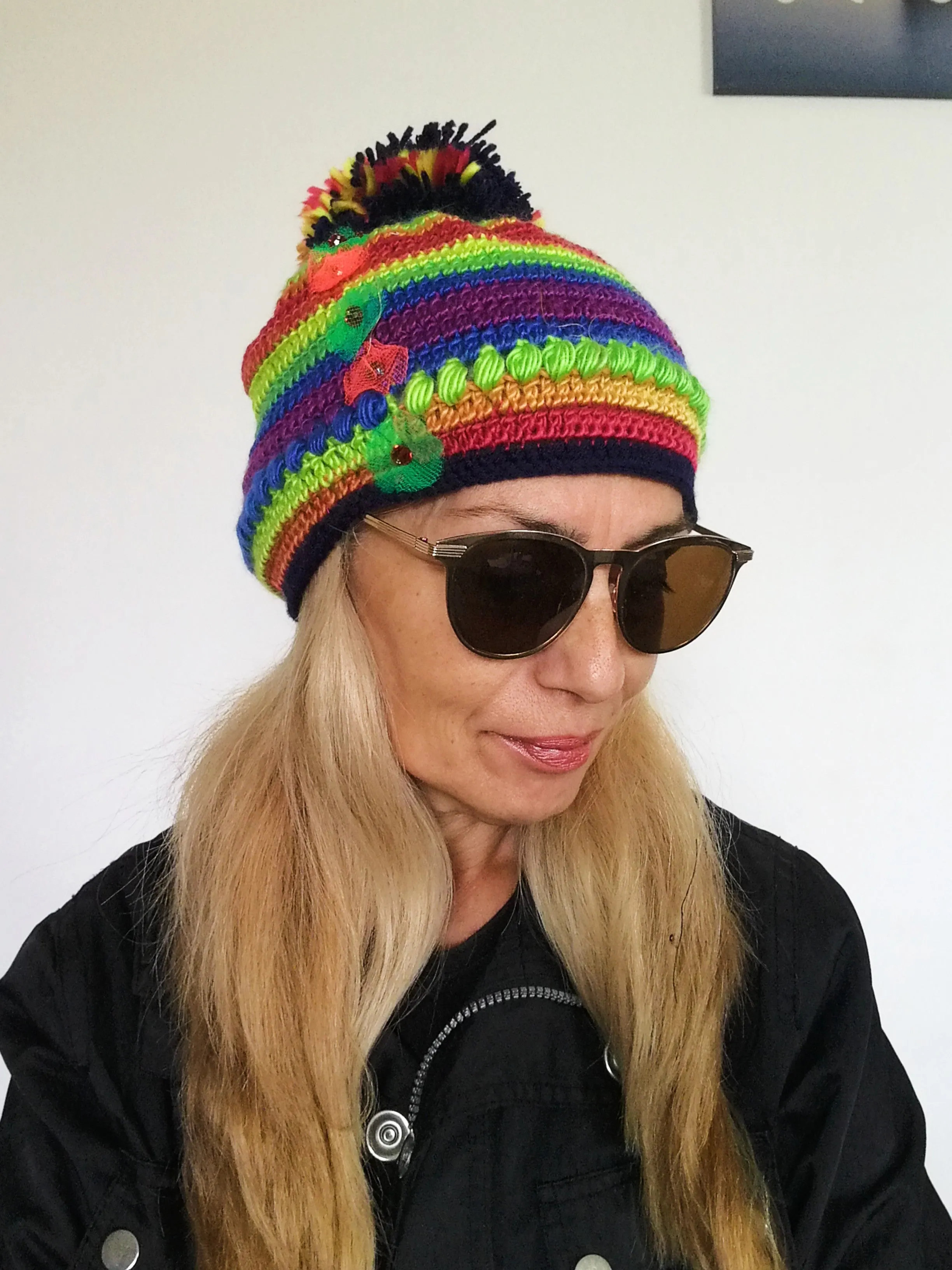 Pom Pom Knit Wool Beanie for Women Handmade Colourful Warm Hat