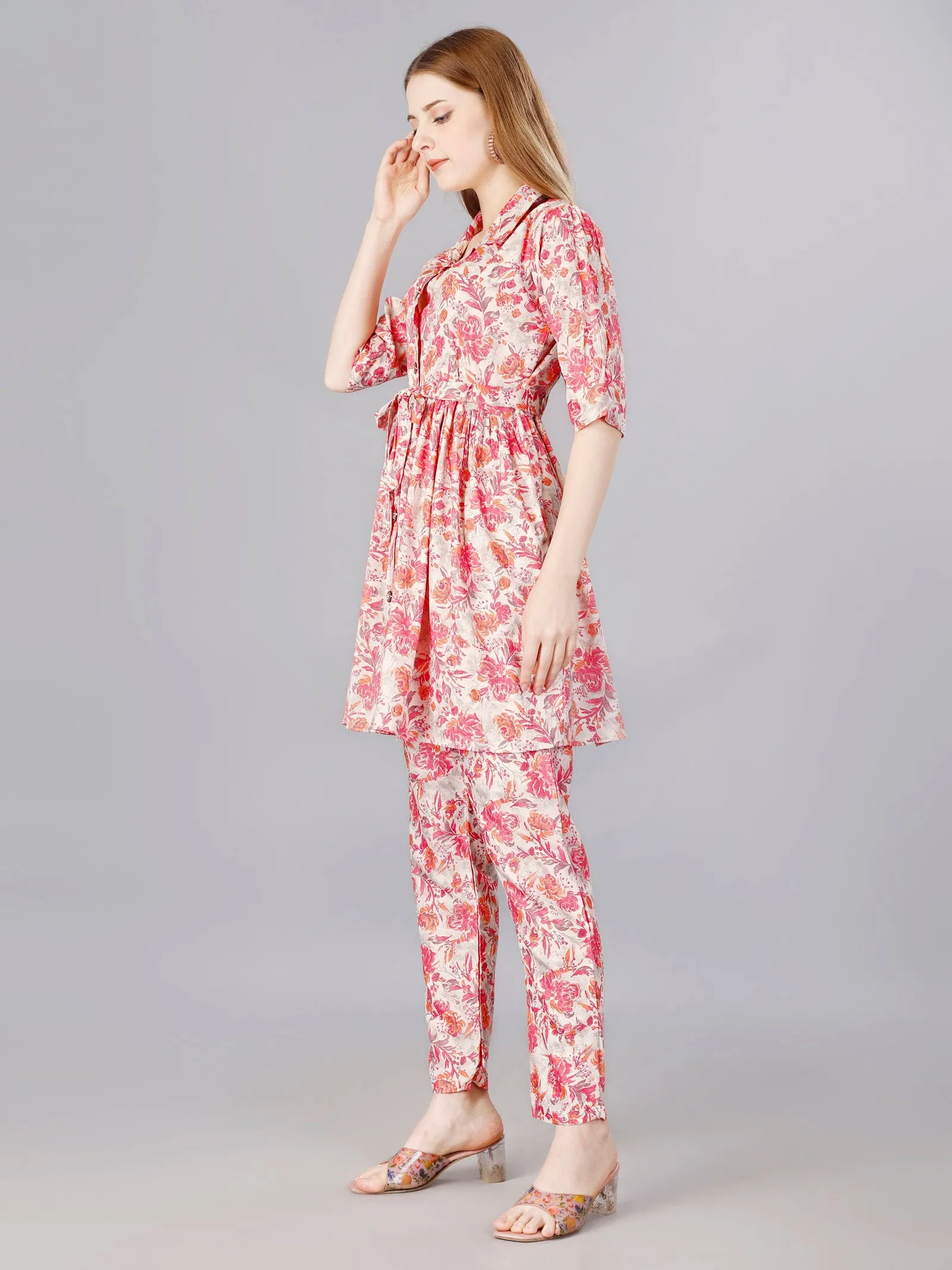 Printed pink 2-Piece Shirt & Trousers Set