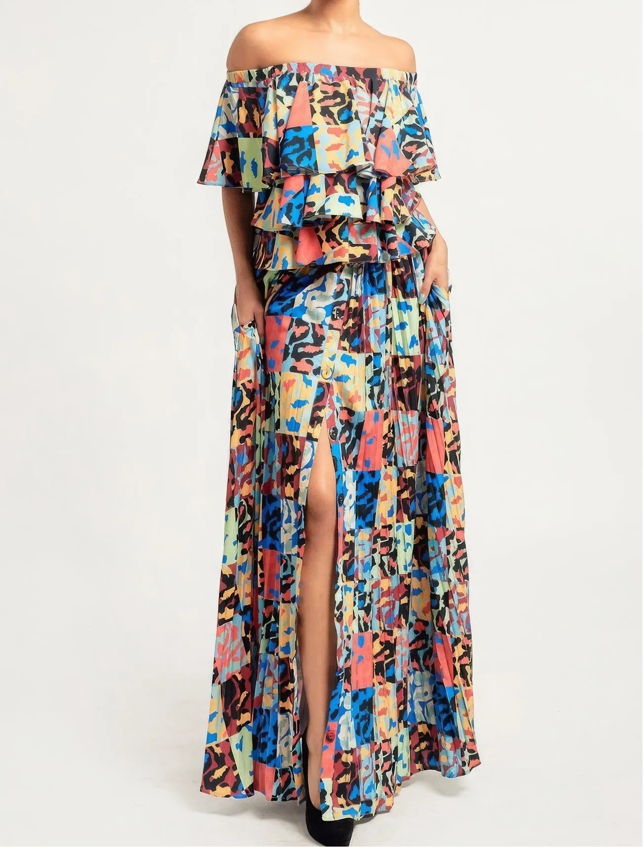 Printed Ruffle Top And Pleated Skirt Set