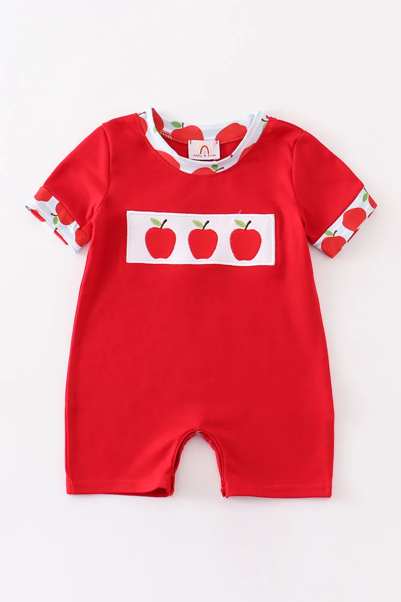 Red apple embroidery back to shoole boy romper