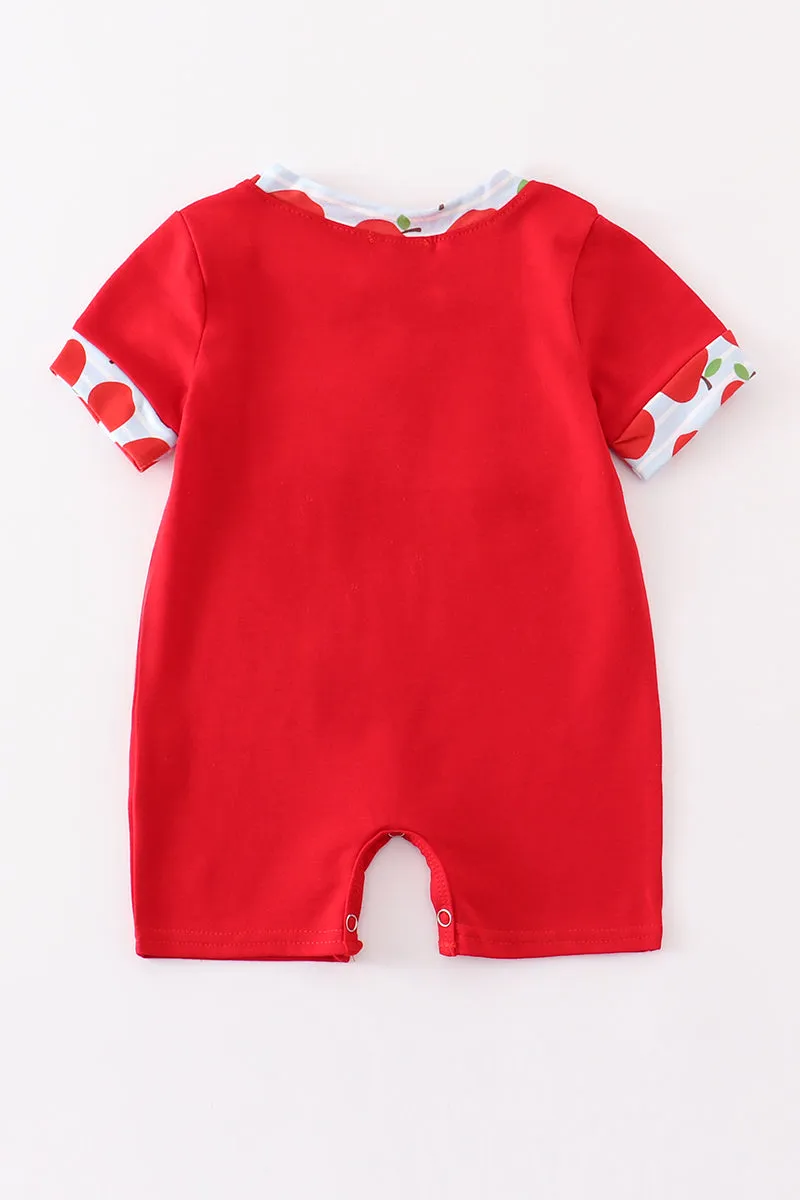 Red apple embroidery back to shoole boy romper