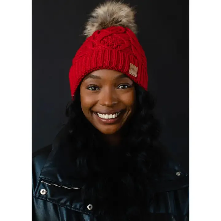 Red Cable Knit Pom Hat