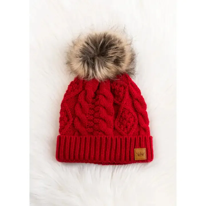 Red Cable Knit Pom Hat