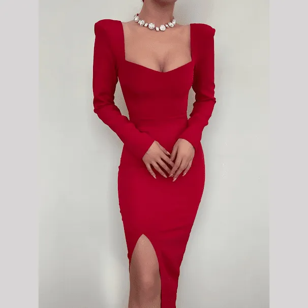 Red Full Sleeve Slit Bodycon Dress