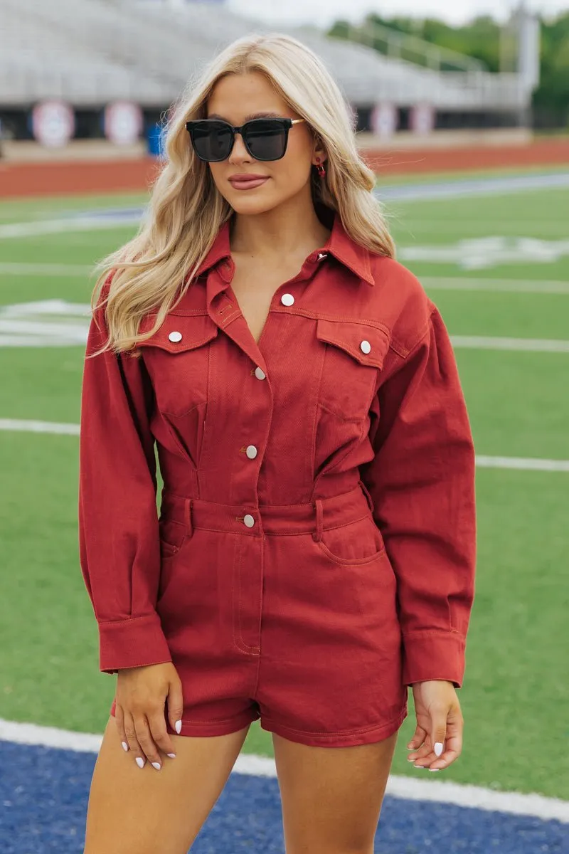 Red Long Sleeve Denim Romper - FINAL SALE