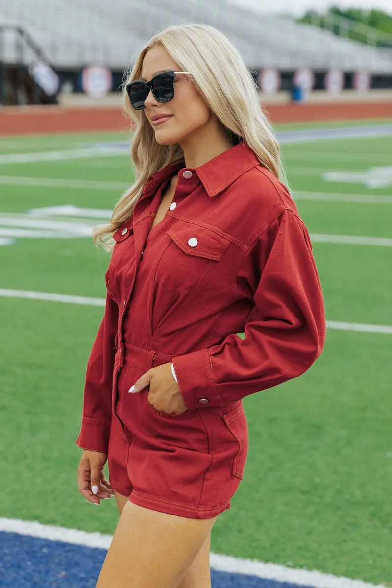 Red Long Sleeve Denim Romper - FINAL SALE