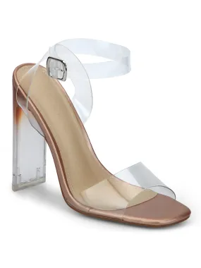 Rose Gold Clear Ankle Strap Slim Block Heels