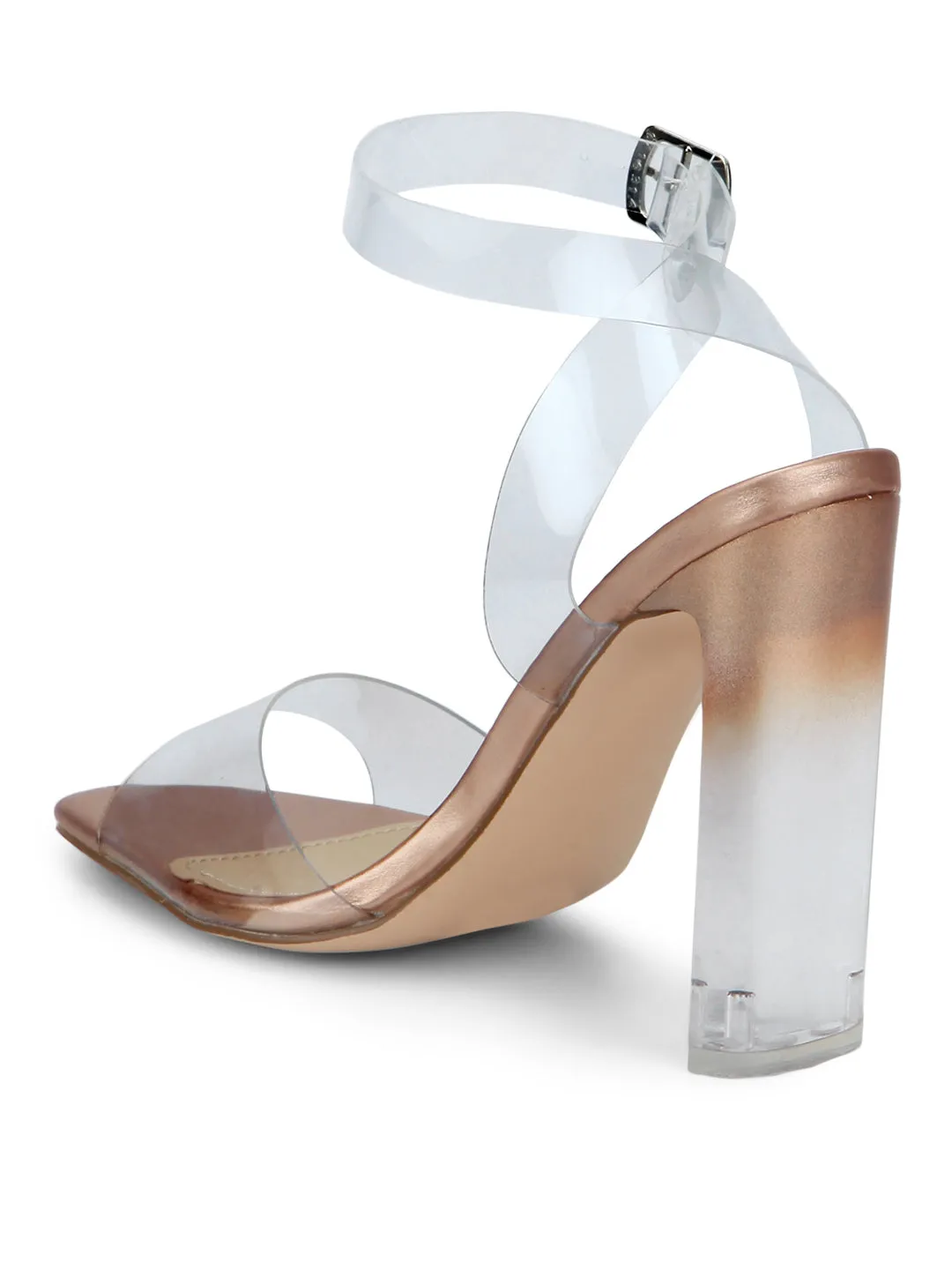 Rose Gold Clear Ankle Strap Slim Block Heels