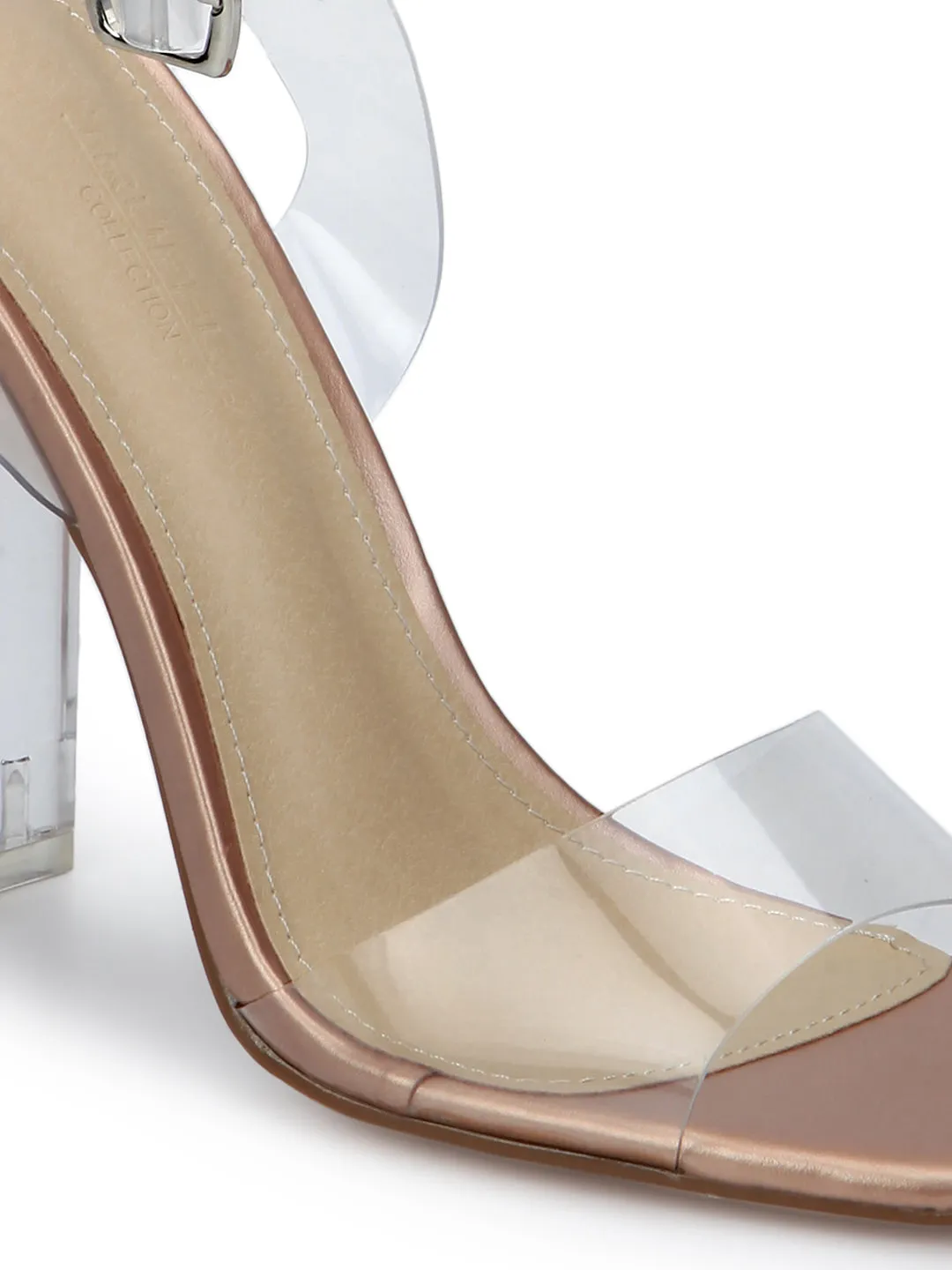 Rose Gold Clear Ankle Strap Slim Block Heels