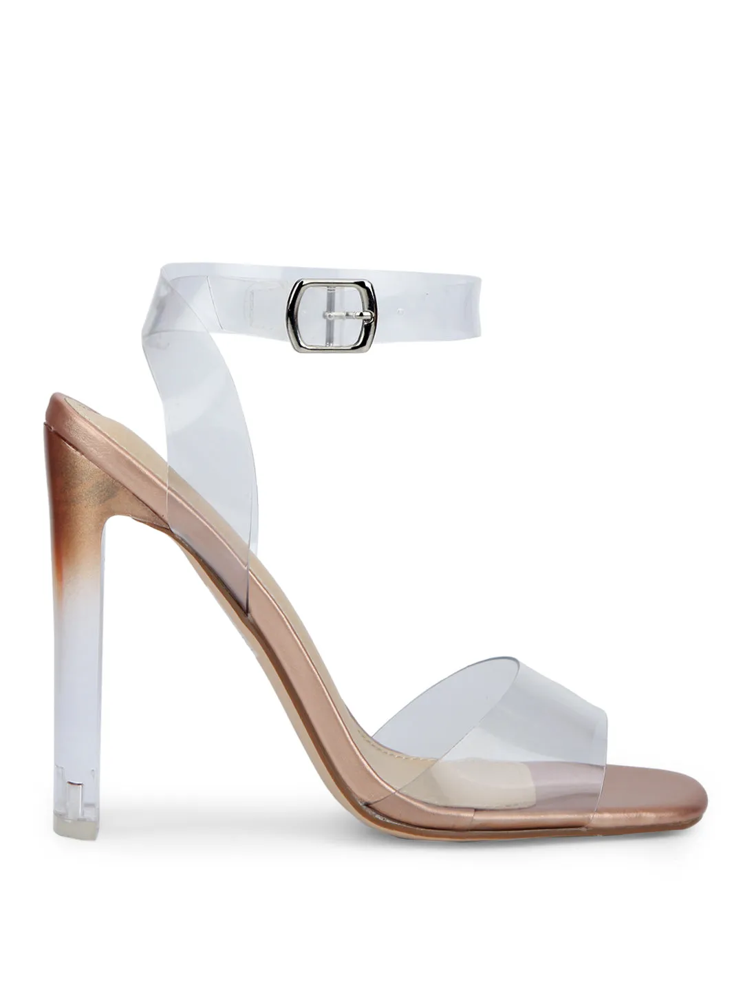 Rose Gold Clear Ankle Strap Slim Block Heels