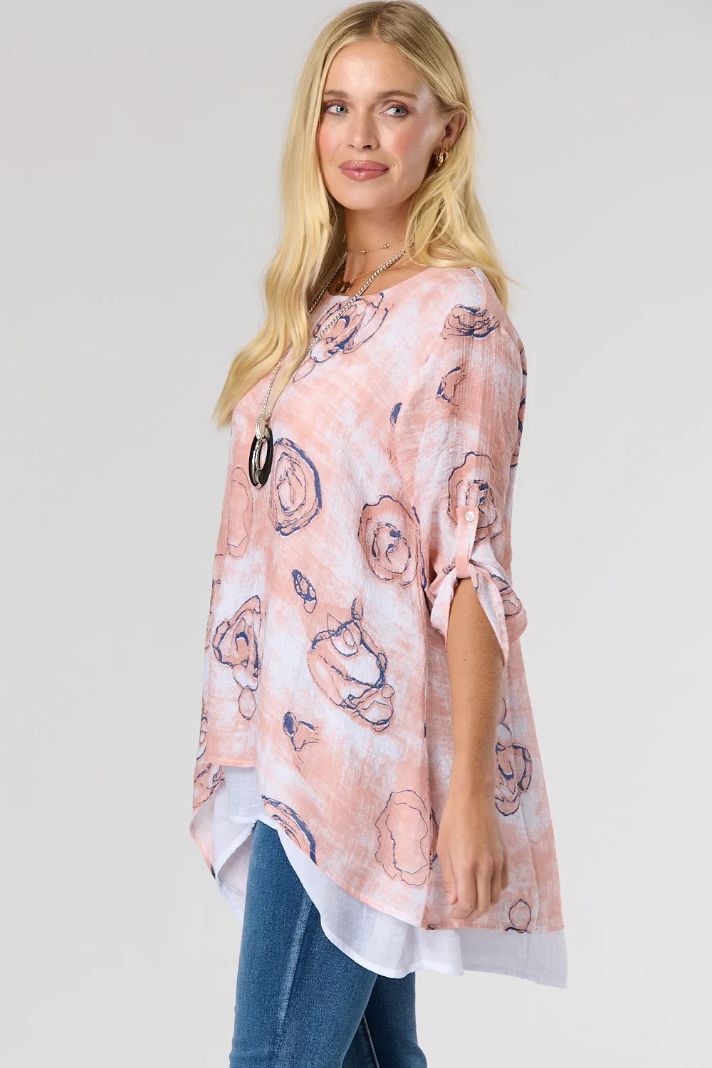 Saloos Swirl Print Double Layer Top with Necklace