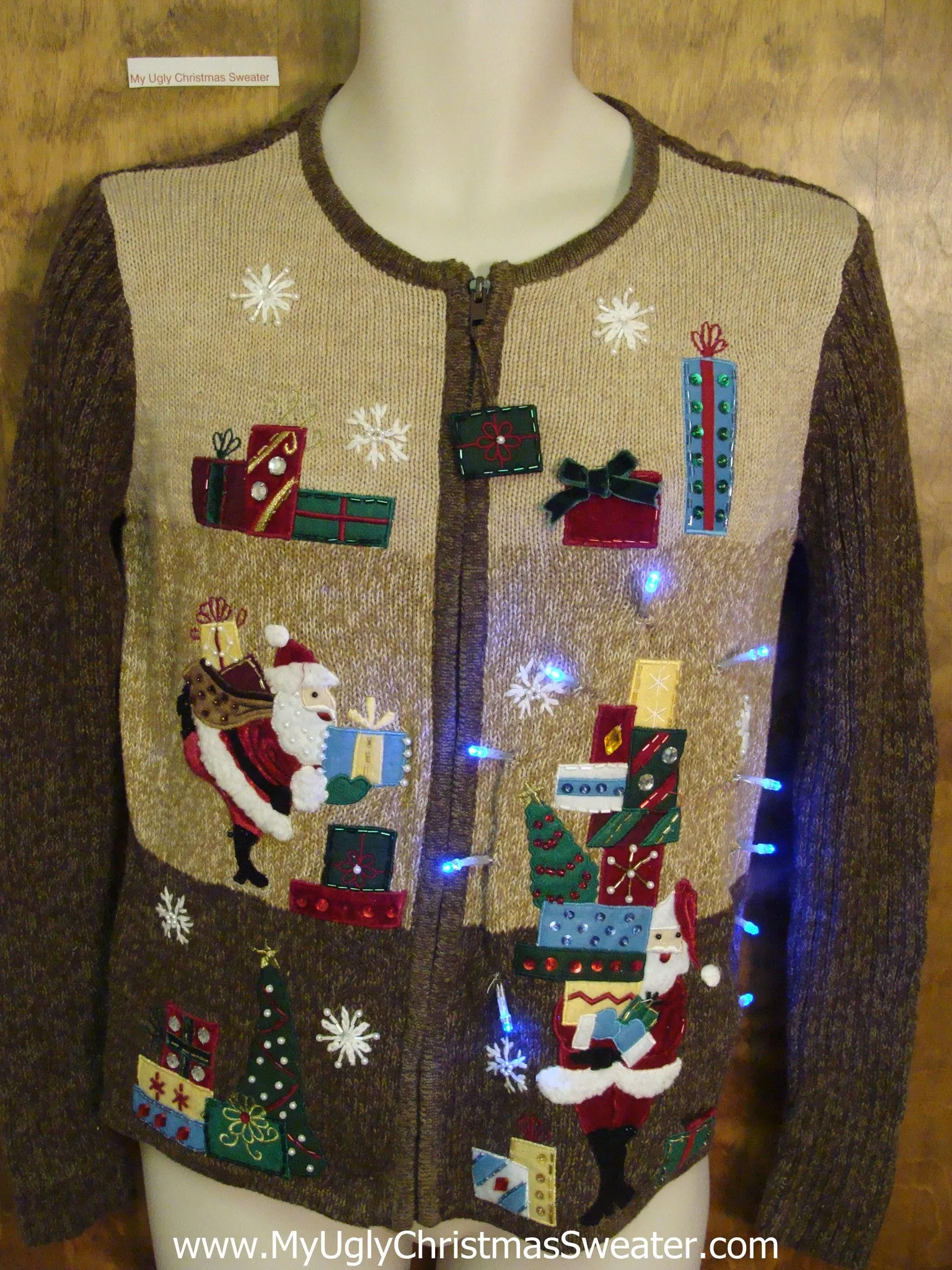 Santa Stacking Gifts Brown Light Up Ugly Xmas Sweater