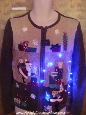 Santa Stacking Gifts Brown Light Up Ugly Xmas Sweater