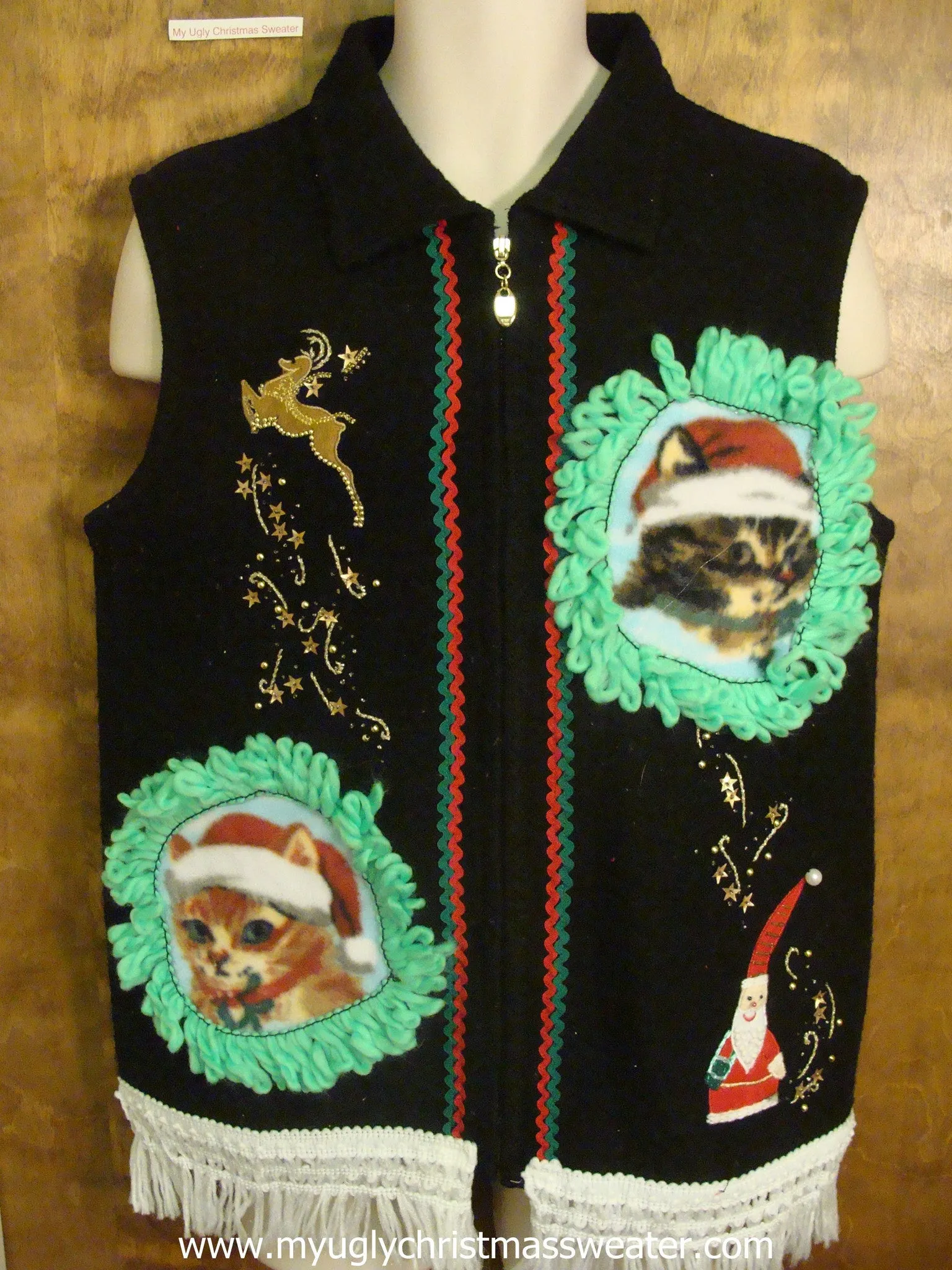 Santa with his Reindeer Christmas Cat Ugly Sweater Vest