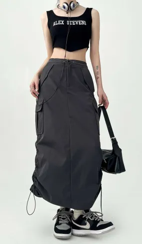 Side Ruched Parachute Cargo Midi Skirt