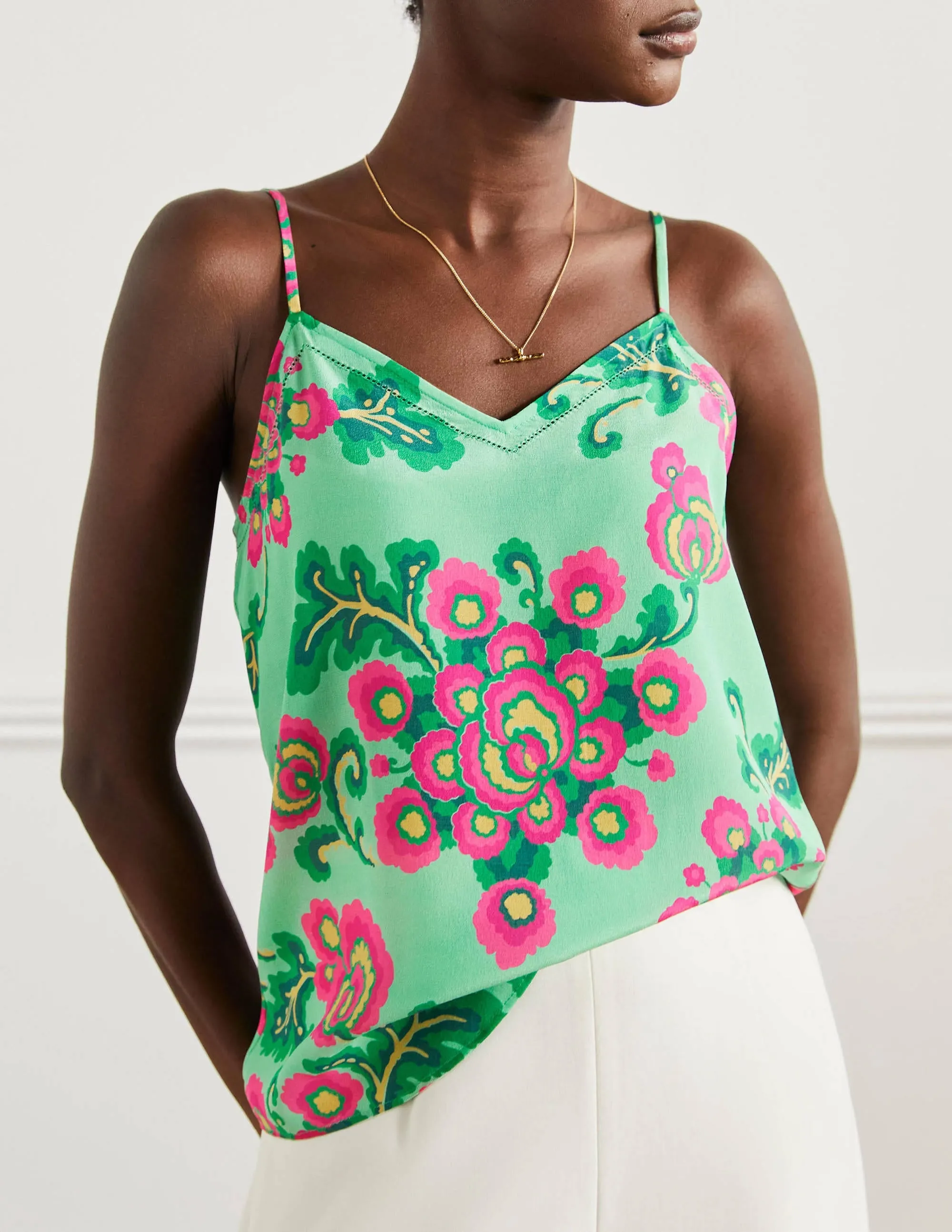 Silk Cami Top-Green Lagoon, Wild Blooms