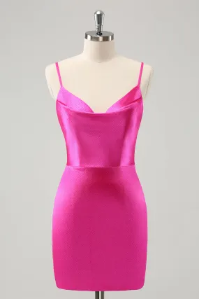 Simple Fuchsia Cowl Neck Backless Tight Short Homecoming Dress with Beading