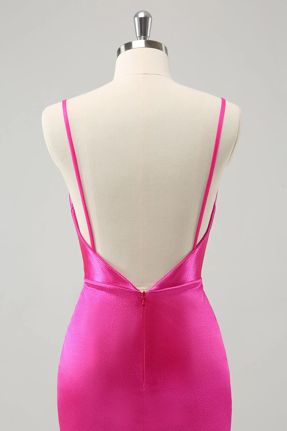 Simple Fuchsia Cowl Neck Backless Tight Short Homecoming Dress with Beading