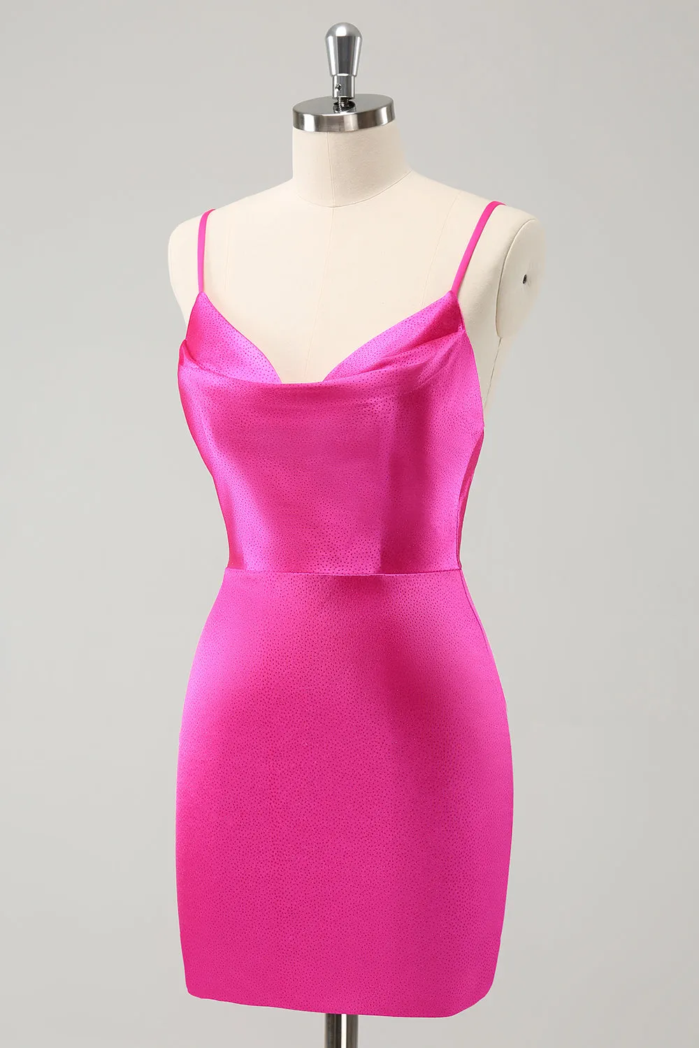 Simple Fuchsia Cowl Neck Backless Tight Short Homecoming Dress with Beading