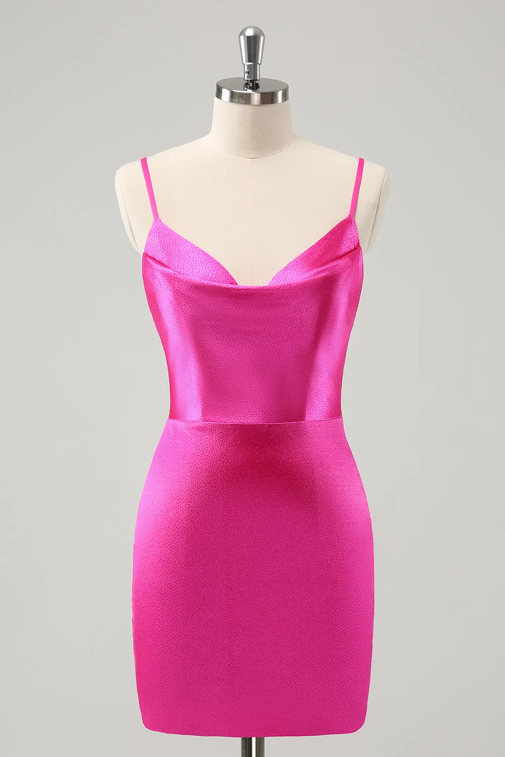 Simple Fuchsia Cowl Neck Backless Tight Short Homecoming Dress with Beading