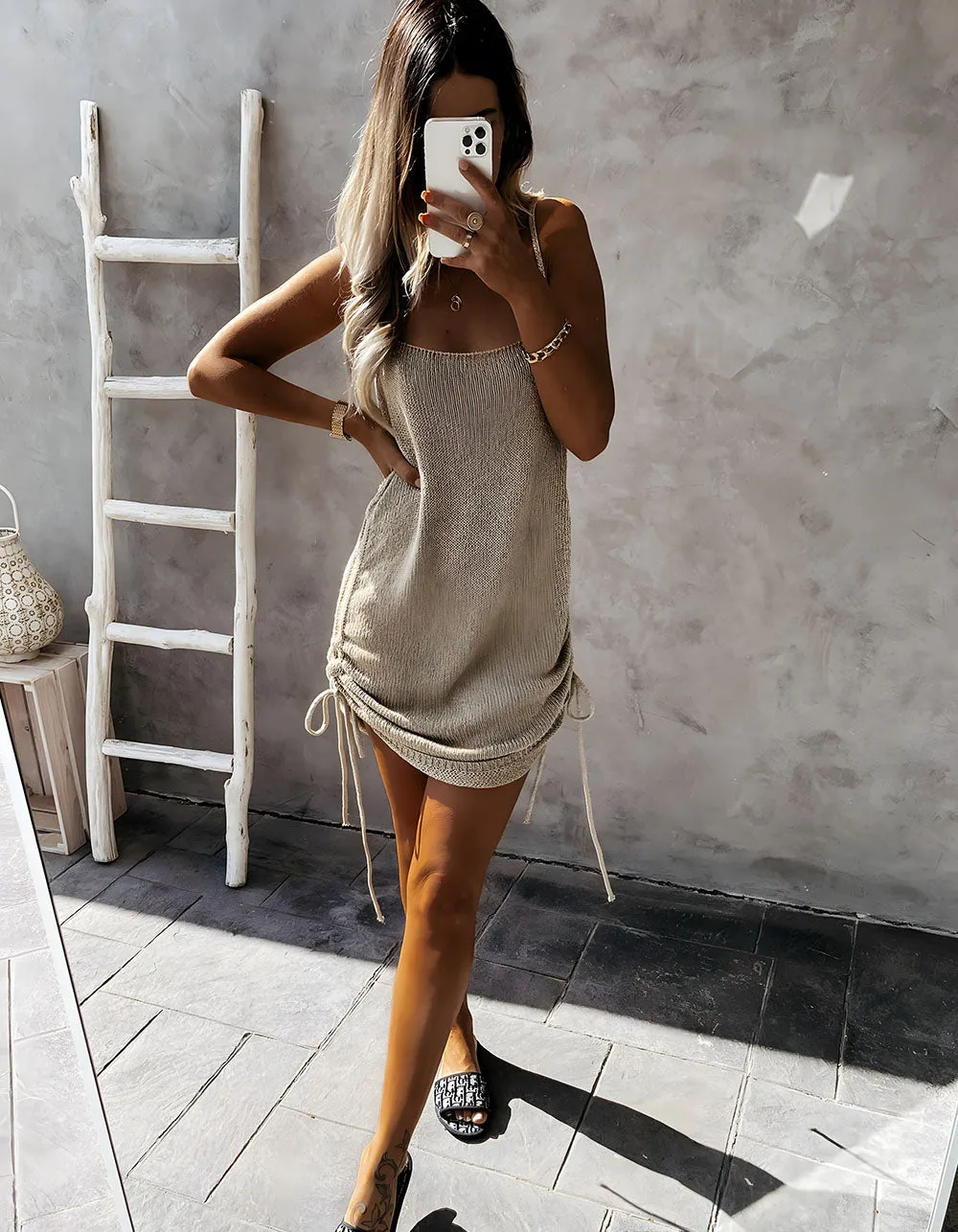 Solid-color Strap Backless Drawstring Knit Short Bodycon Dresses