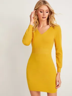 Solid Sheath V-neck Jumper Dress