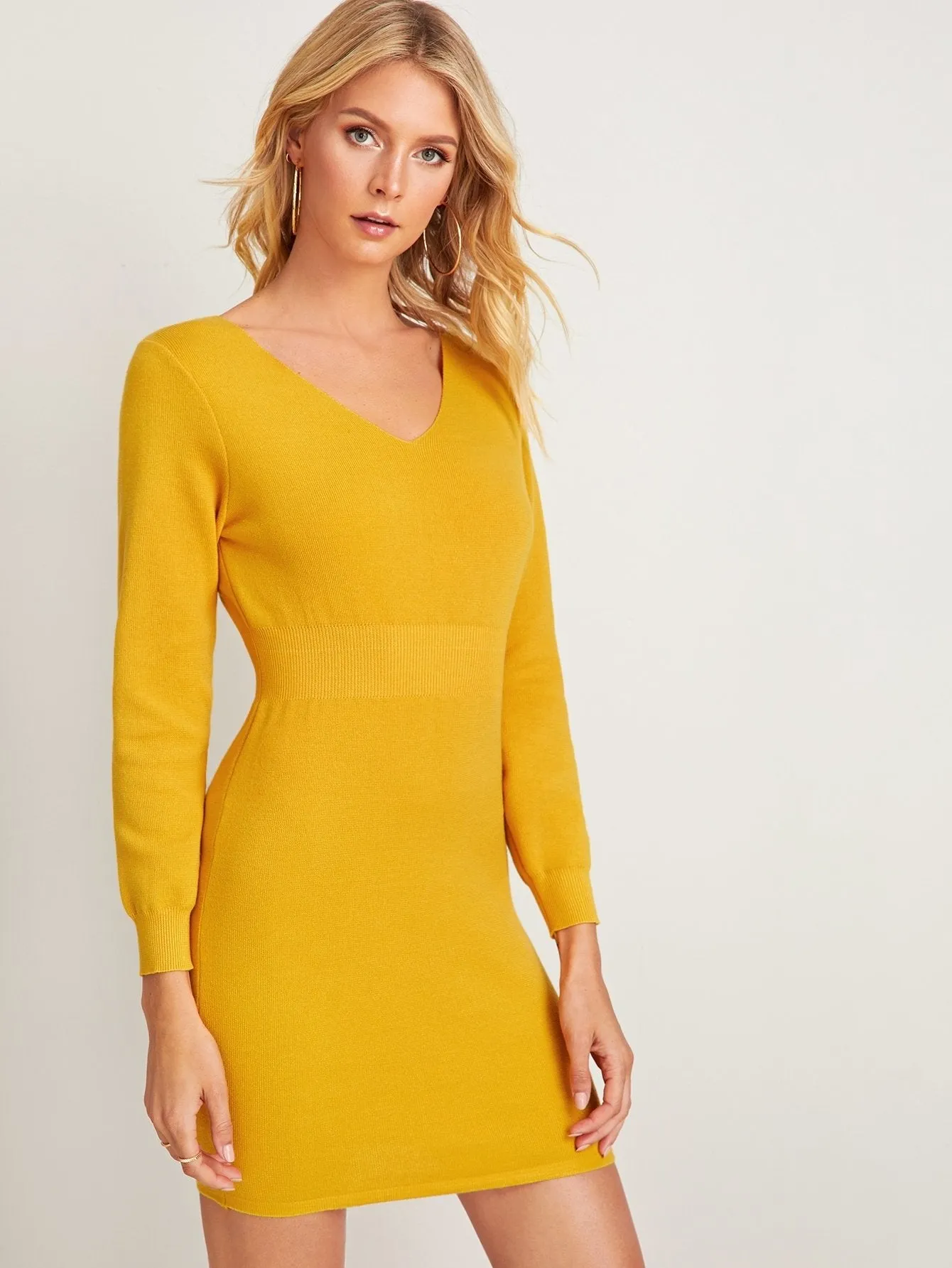 Solid Sheath V-neck Jumper Dress