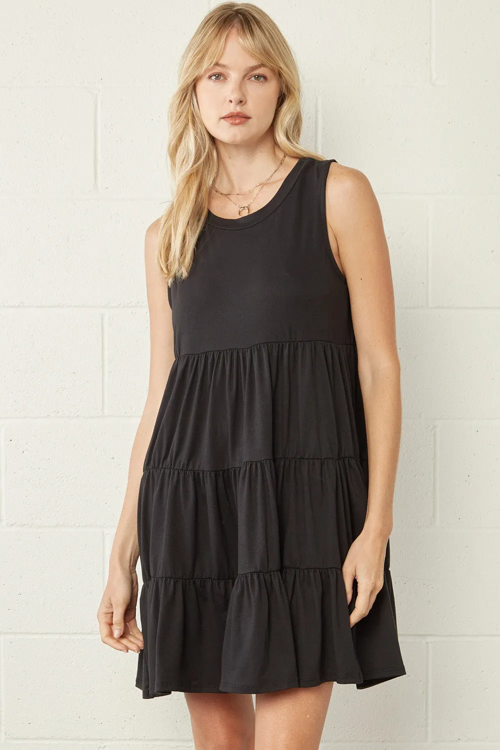 SOLID SLEEVELESS ROUND NECK DRESS W/RUFFLE TIERED DETAIL