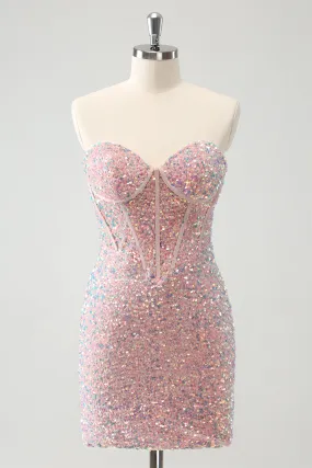 Sparkly Strapless Light Pink Tight Short Homecoming Dress with Sequins