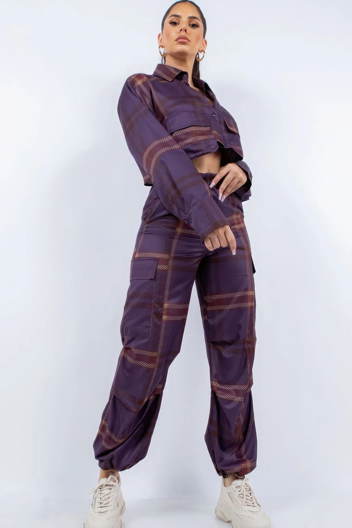 Striped Cropped Long Sleeve & Cargo Pants Set