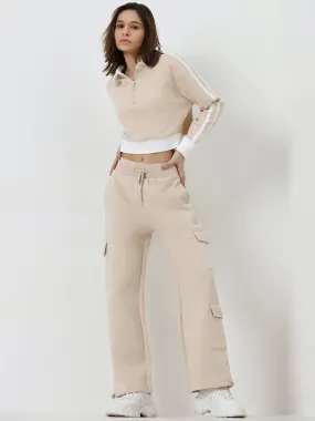 Studiofit Beige Cargo-Style High-Rise Track Pants