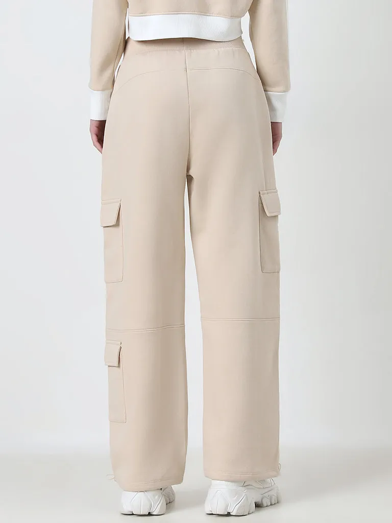 Studiofit Beige Cargo-Style High-Rise Track Pants