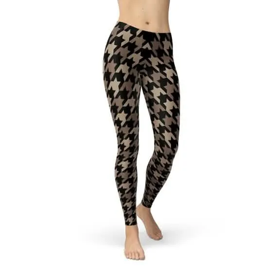 Stylish Beige and Brown Houndstooth Women's Leggings for Every Occasion