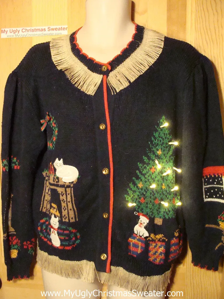 Tacky Ugly Christmas Sweater with Lights and Fringe. Cats & Tree  (g29)