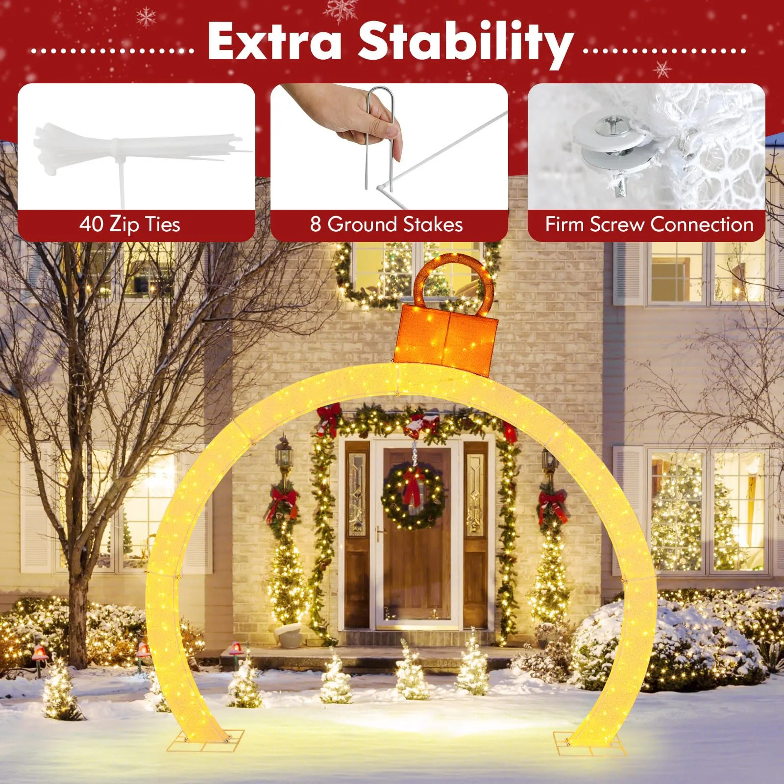 Tangkula 10.5 FT Outdoor Christmas Lighted Archway with Gold Ornament Cap