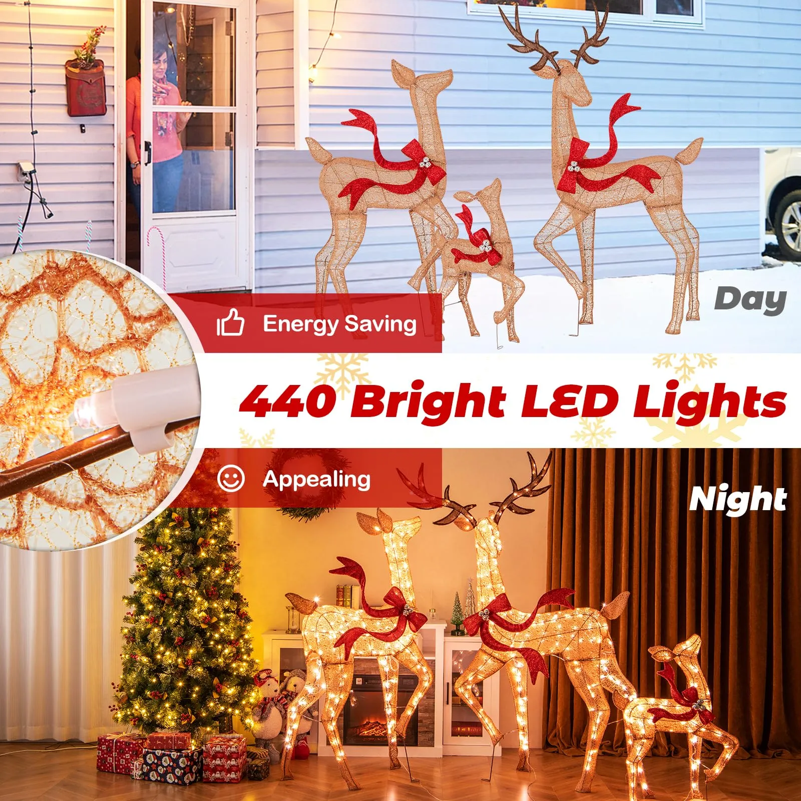 Tangkula 3-Piece Lighted Christmas Reindeer Family Set, Xmas Lighted Deer Decorations with 440 Warm White LED Lights & Stakes